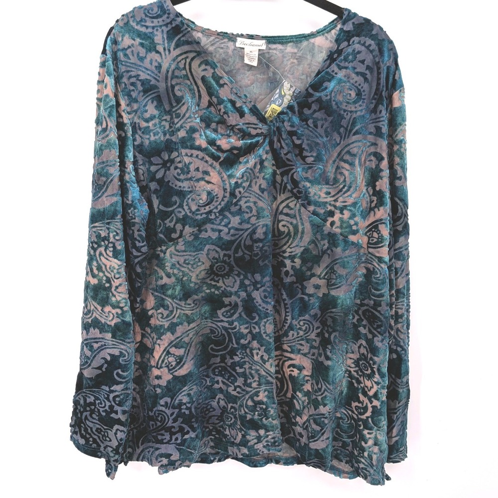 Bechamel Blouse Women XL Green Paisley Velvet Burnout Long Sleeve Holiday Party
